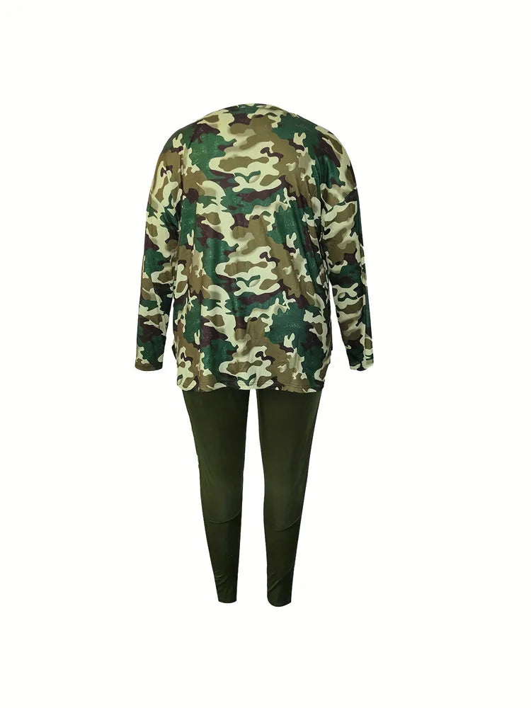 Wmstar Plus Size Women Clothes Camouflage Printed Stretch Long Sleeve Shorts Fashion Casual Two Piece Set