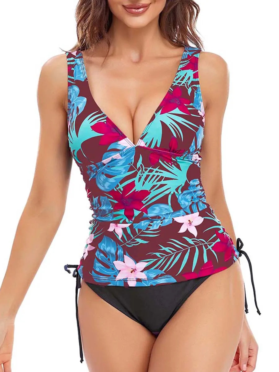 Printed Tankini Set Two Piece Swimsuit Women Tie Side Drawstring Swimwear Female Bathing Swimming Suit Beachwear Summer