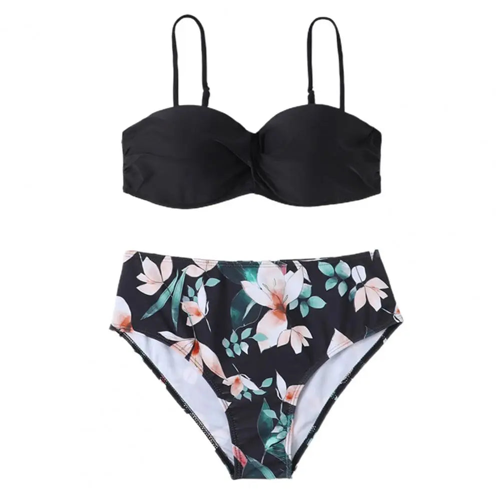 Women Bikini Set Solid Color Underwire Padded Push-Up Split Bikini Bra Print High Waist Bottoms Swimsuit Women Bathing Suit