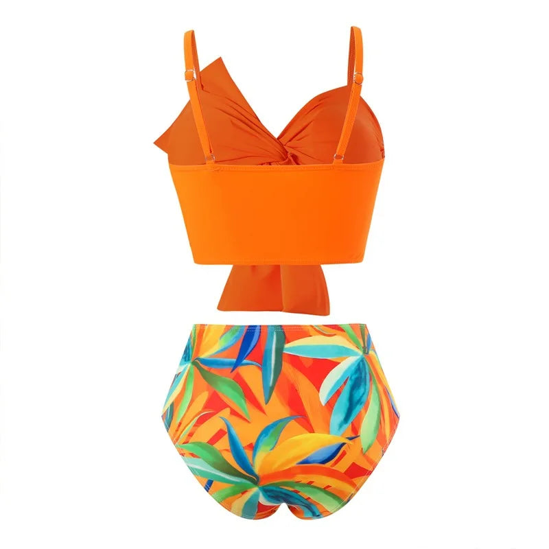 Women Flower Printed Separated Bikini Set Fashion Bow Tie Style High Waist Swimwear Shorts Beach Wear