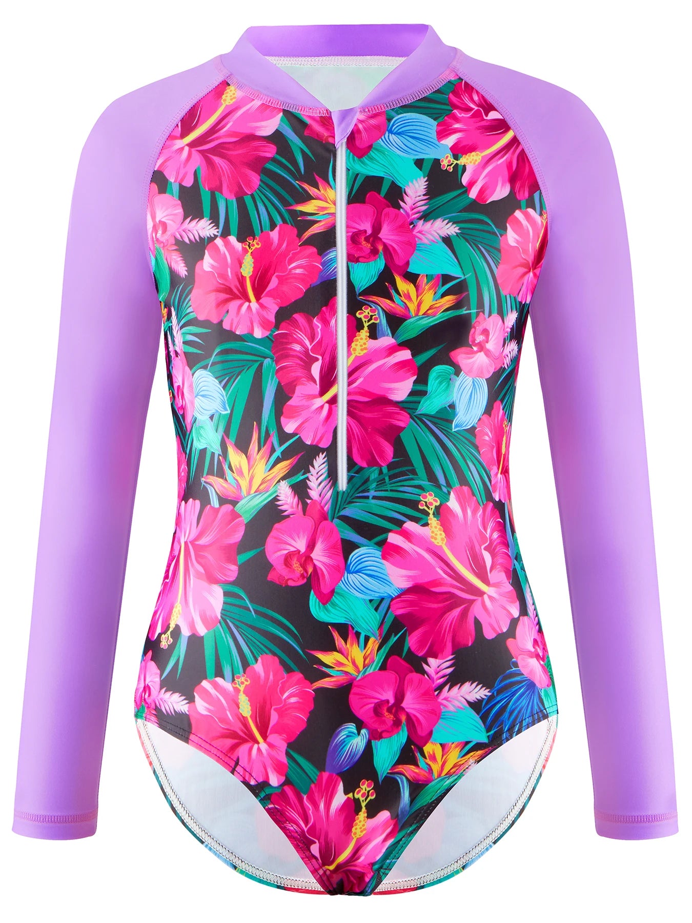 Girls Swimsuit One Piece Long Sleeve Floral Print Swimwear Beach Pool Kids Tween Swim Summer Bikini Cut Bottom Contrast Color