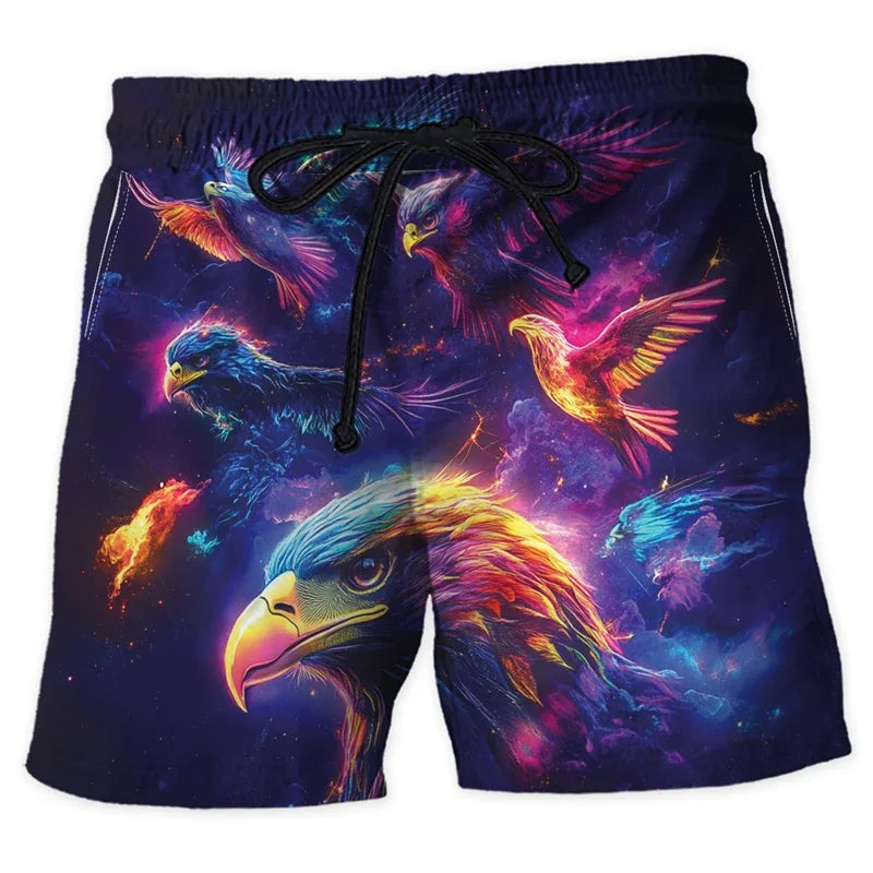 Neon Animal Graphic Beach Shorts, Men's Fashionable Summer Streetwear, 3D Printed Shorts, Cool Oversized Swimming Trunks