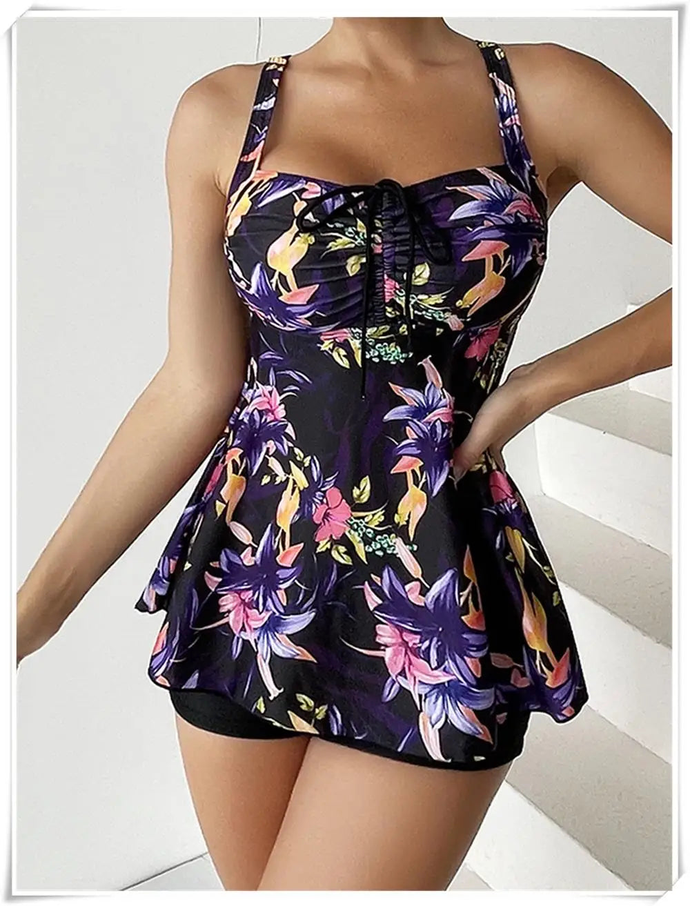 Drawstring Tankini Set Two Piece Swimsuit Short Women Floral Printed Swimwear Female Bathing Suit Beachwear Swimming