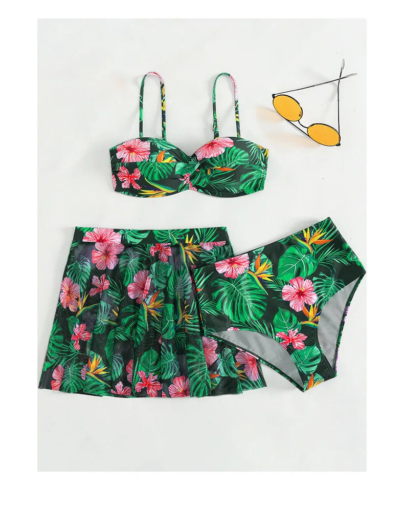 Cikini-Women's Tropical Print Push Up Bikinis Set, Swimsuit with Beach Skirt, Swimwear, Summer Bathing Suit