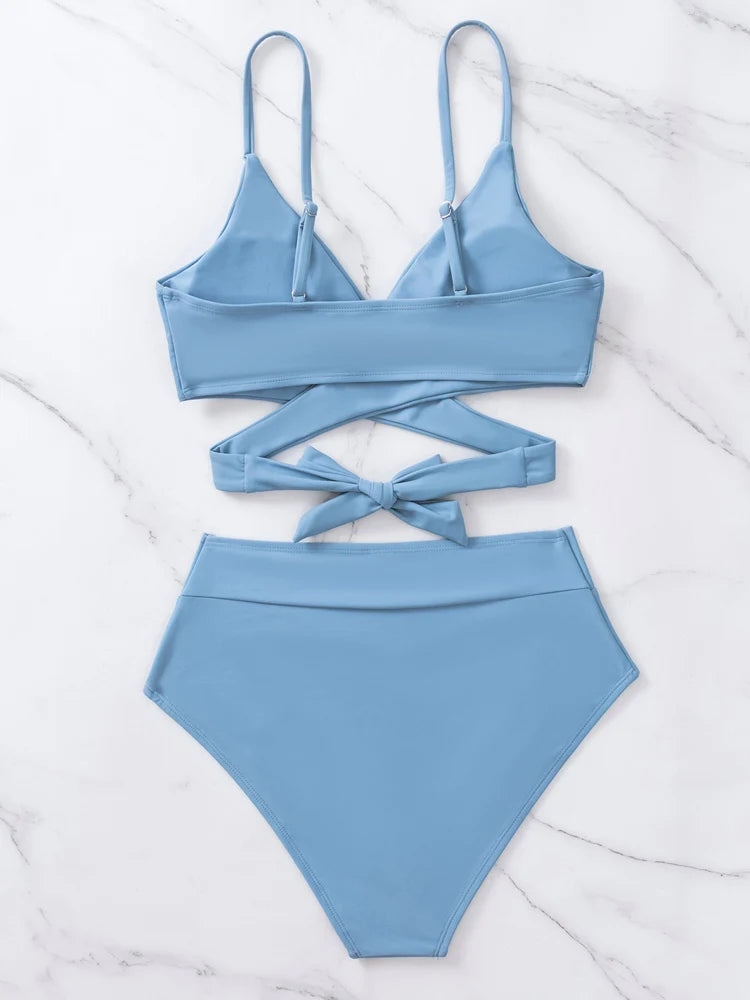 Solid Strapped Bikini Set Push UP Hollow Swimsuit Women Swimwear Biquinis High Waist Backless Bathing Suit