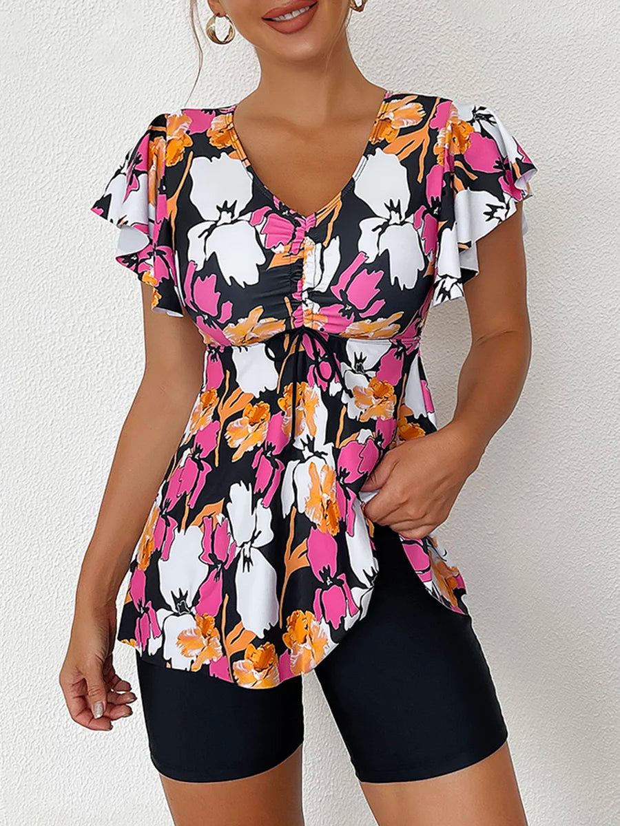 Printed Tankini Set Two Piece Swimsuit Women Tie Front Drawstring Swimwear Female Bathing Swimming Suit Beachwear Summer