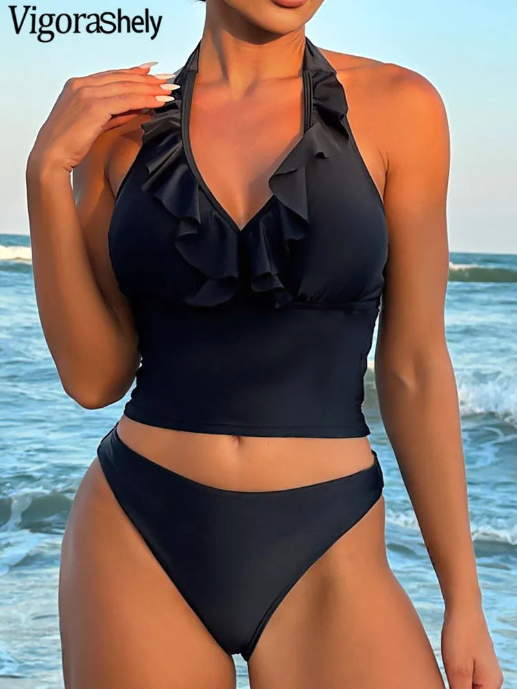 Ruffle Halter Bikini Set Women Solid Push Up Swimsuit Lady Backless Swimwear Brazilian Beach Bathing Suit