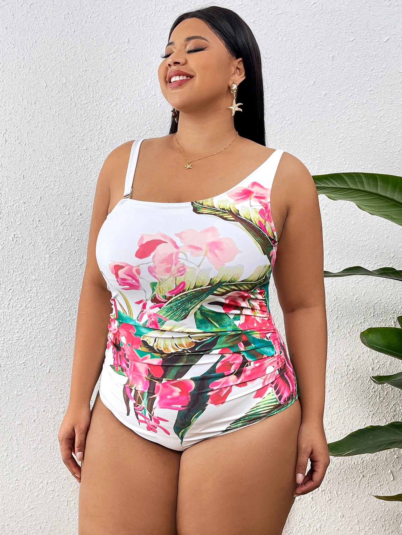 Plus Size Elegance One Piece Swimwear Women Flower Print Swimsuit One Shoulder Bathing Suit Beachwear Monokini