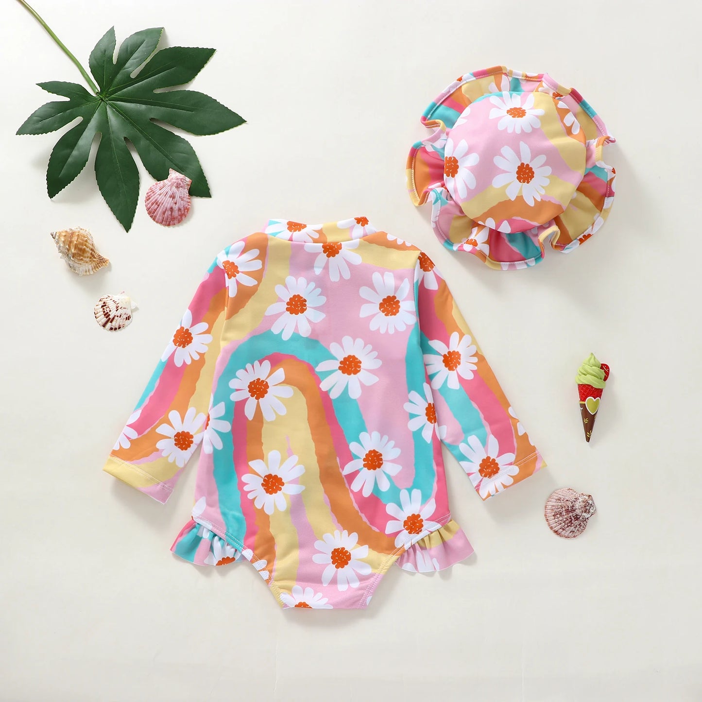 0-4Y Summer Kid Girl Romper Swimsuit 2pcs Long Sleeve Ruffles Flowers Printed Zipper Beach Swimwear + Hat