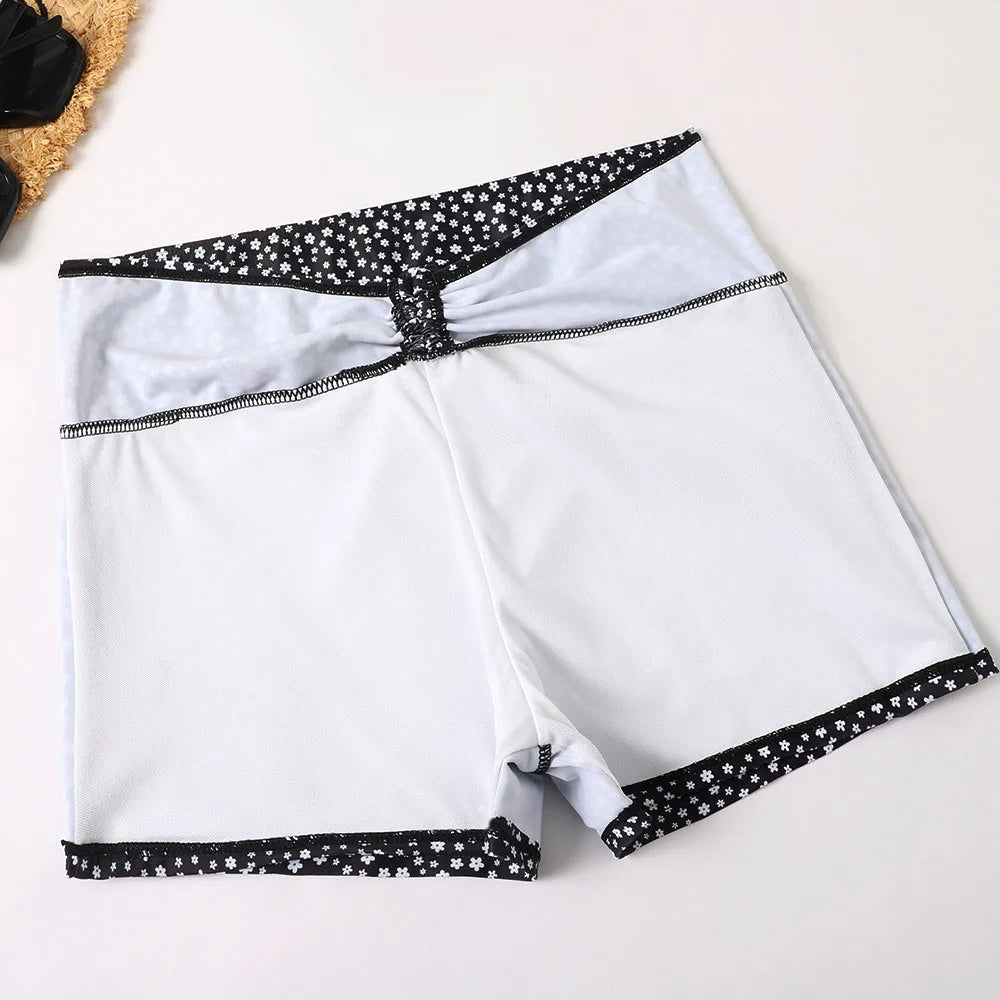 High Waist Bikini Swimsuit Women Floral Print Swim Suits Drawstring Front Shorts Boxers Swimwear Trunks Pool Bathing Suit