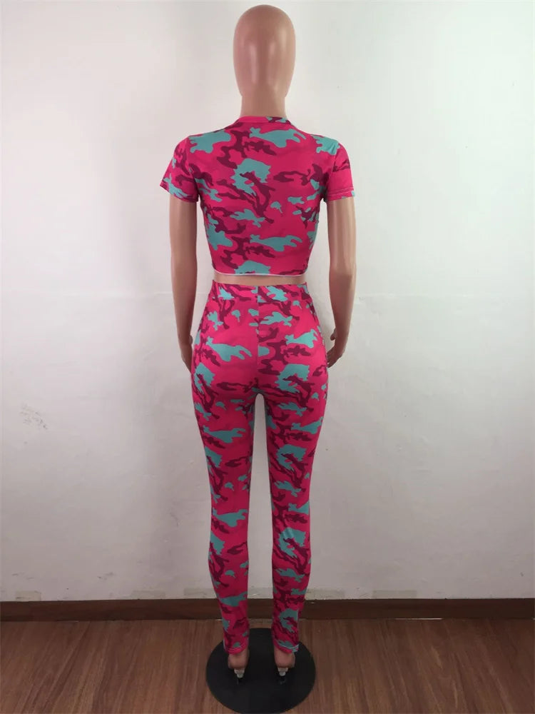 Wmstar Women Two Piece Set Summer Sport Fashion Casual Ripped Sweatshirt Sweat Camouflage Print Pant Sets Outfit Tracksuit