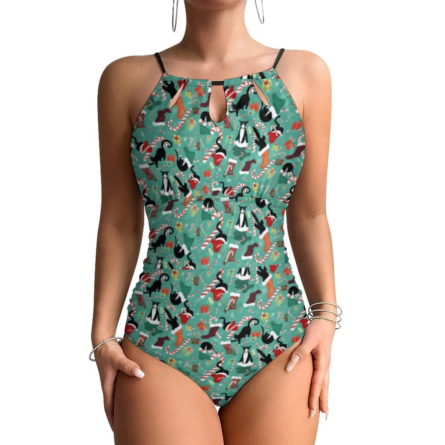 Funny Cat Swimsuit Cartoon Animal Print Women Swimwear One-Piece Bodysuit Holiday Swim Push Up High Cut Beach Outfits