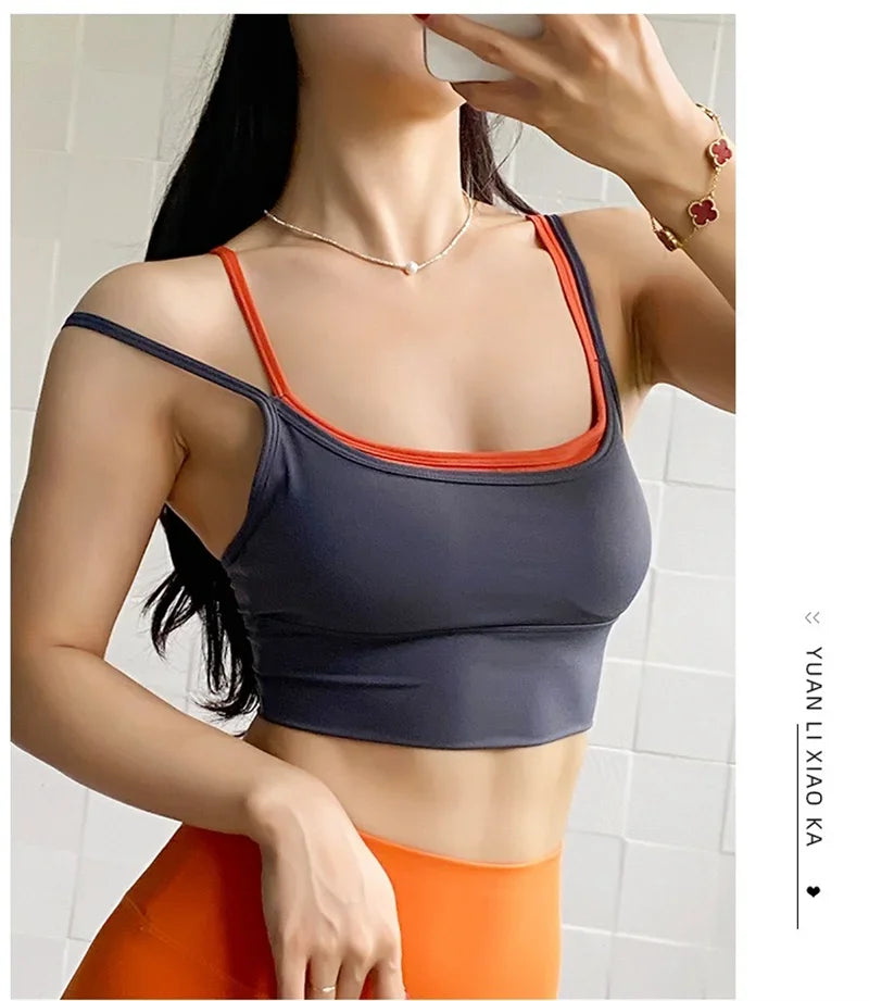 PofyBofy Womens Scoop Neck Longline Sports Bra - U Back Adjustable Straps Workout Crop Tank Top 2 in 1 Longline Workout Yoga Bra