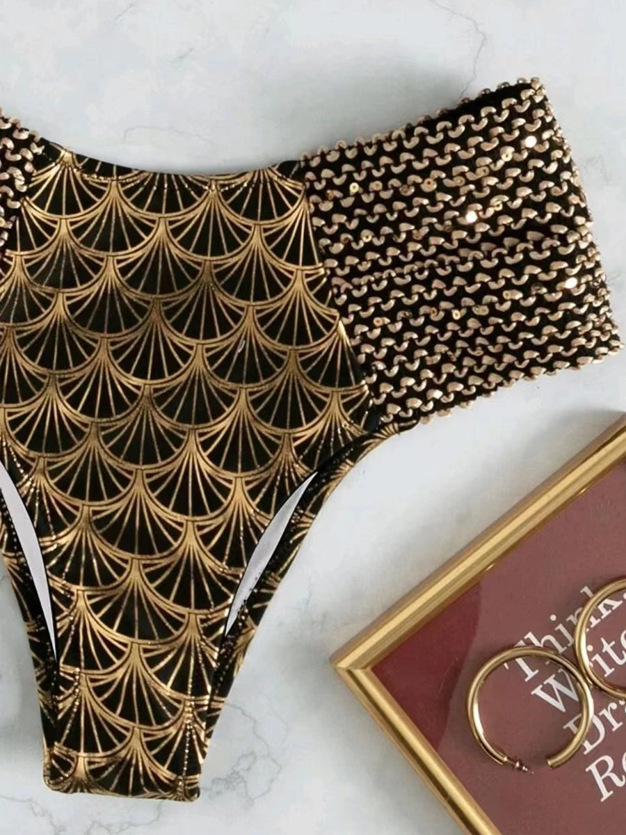 Metallic Stitch Strap Bikini Women Push Up Gold print Swimsuit Female High Waist Swimwear Bathers Bathing Suit Beachwear