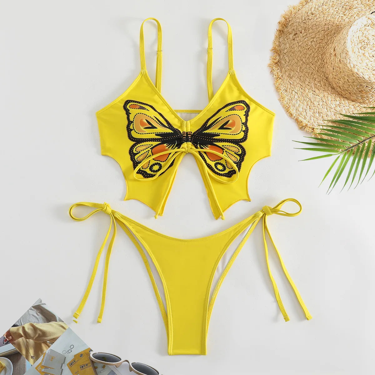 Butterfly Print Strapped Swimwear Women Tied High Cut Bikini Set Push Up Swimsuit Backless Summer Beach Bathing Suit Bathers