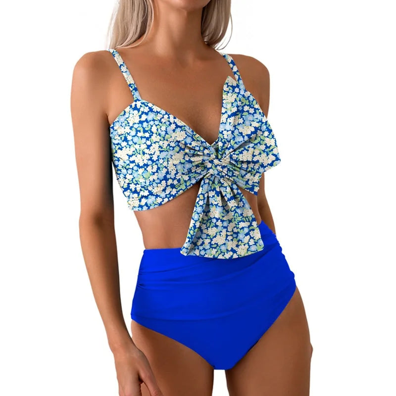 Women Flower Printed Separated Bikini Set Fashion Bow Tie Style High Waist Swimwear Shorts Beach Wear