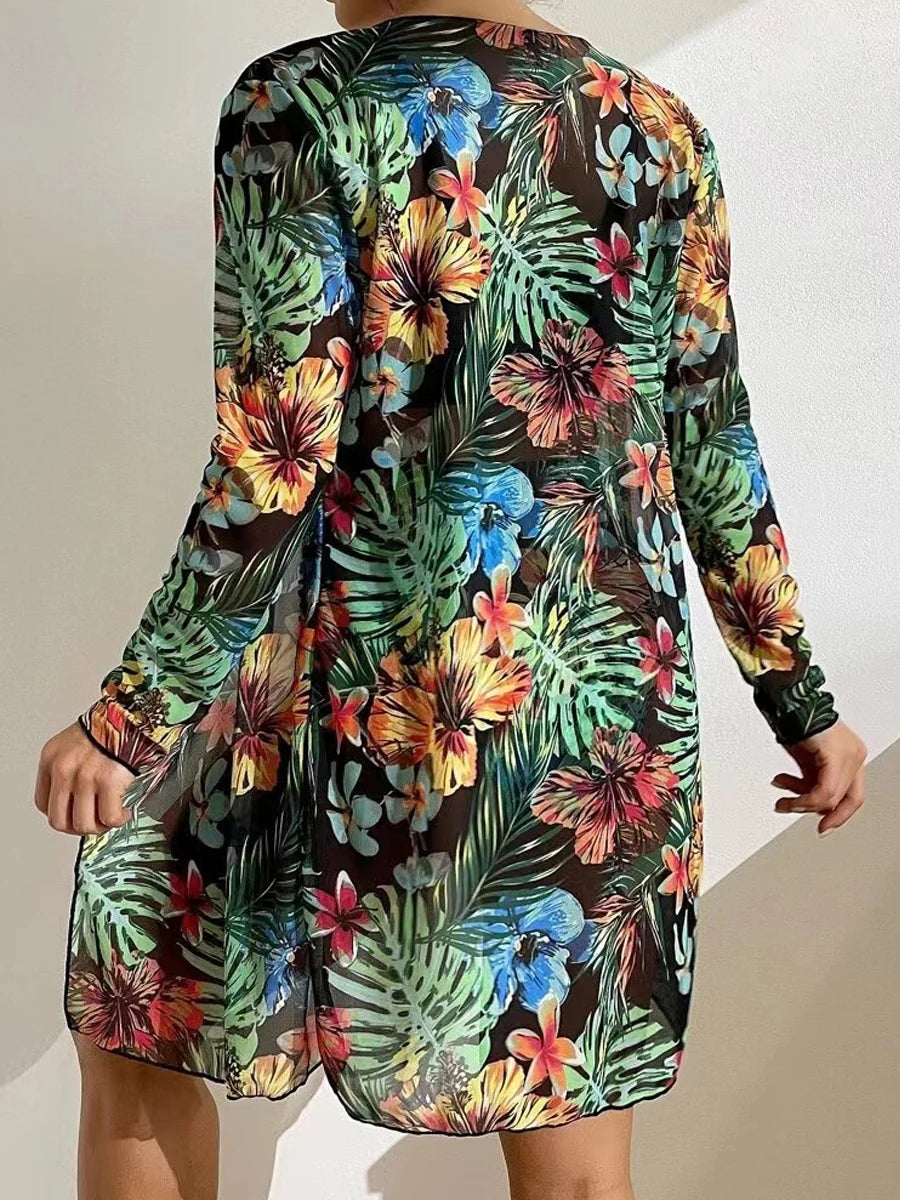 3 Piece Bikini Set Women Cover Up Swimwear Female Tropical Printed Swimsuit Push Up Beachwear Long Sleeve Bathing Suit