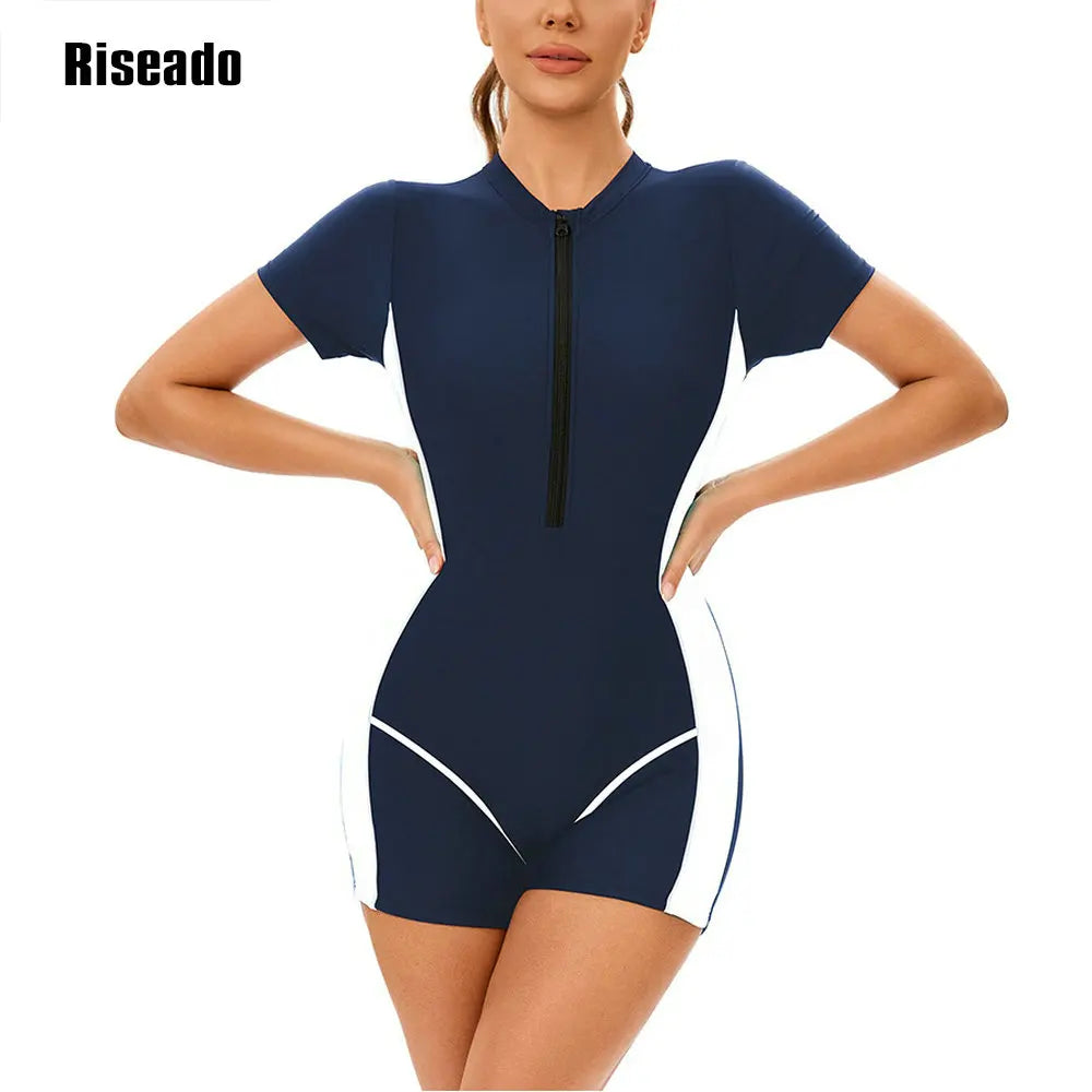 Short Sleeve Rash Guard Women Boyleg Sport One Piece Swimsuit Short Sleeve Athletic Swimwear Adult Bathing Suit for Training-Pool