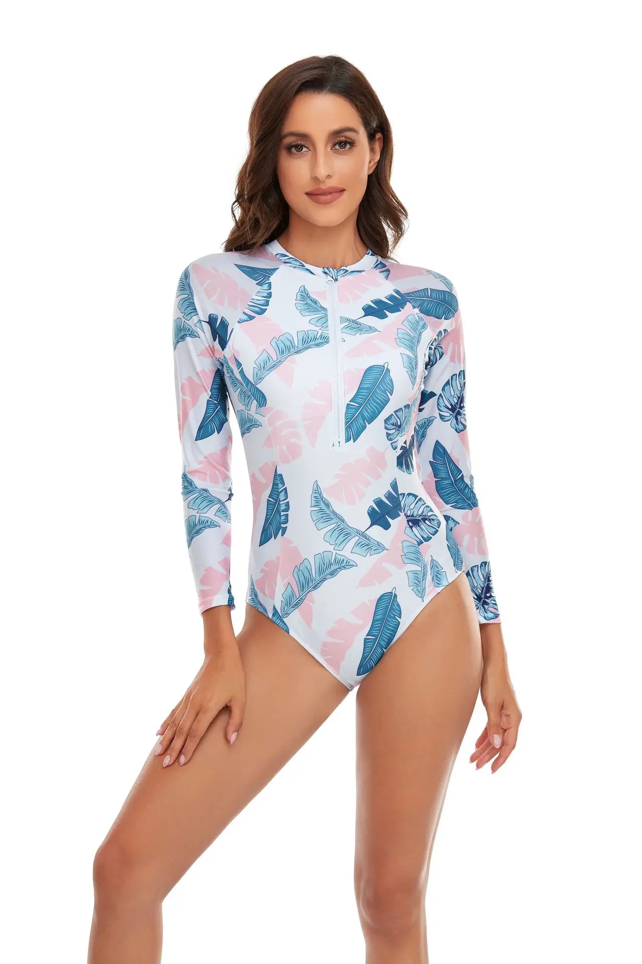 One-piece Swimsuit Women Long Sleeves Sunscreen Surf Wear Solid Color Stitching Zipper Conservative Summer Beach Swimwear