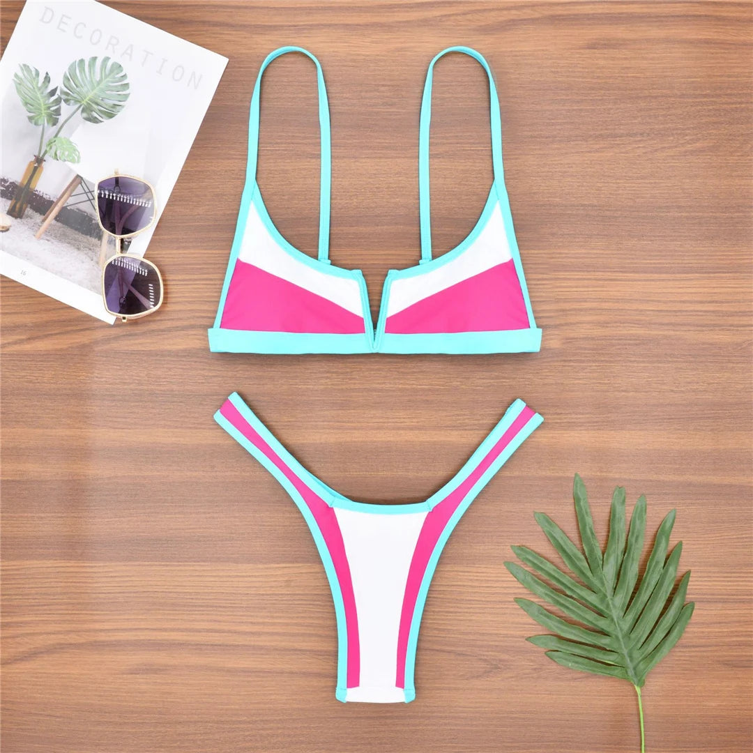 S - XL Splicing V Shaped High Leg Cut Bikini Female Swimsuit Women Swimwear Two-pieces Bikini set Bather Bathing Suit Swim