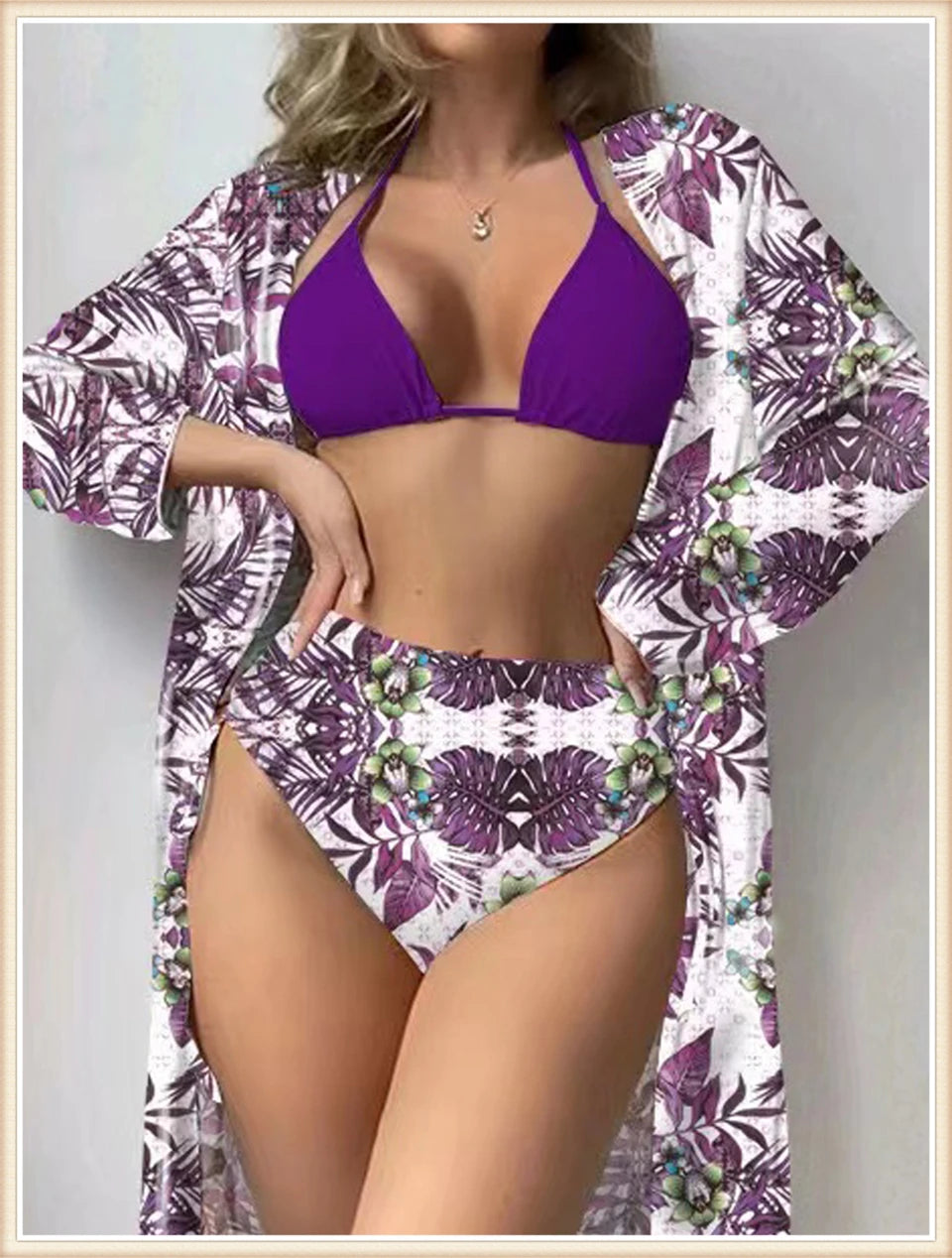 Lace Up Bikinis & Cover Up Long Sleeve Swimwear Women 3-Piece Print Swimsuit Summer Beach Bathing Suit Female Swimming Wear