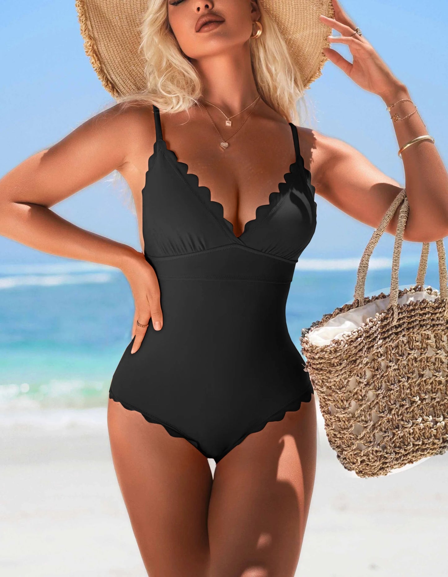 Women Fashion One-Piece Swimsuit Solid Scalloped Trim High Elastic with Removable Padded Bathing Suit Swimwear