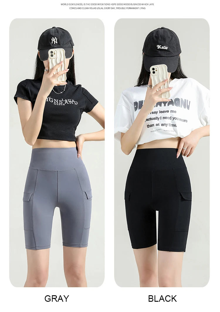 BIVIGAOS Summer New Cargo Pocket Shark Shorts Women's Sport Fitness Cycling Shorts High Waist Running Tight Biker Short Leggings