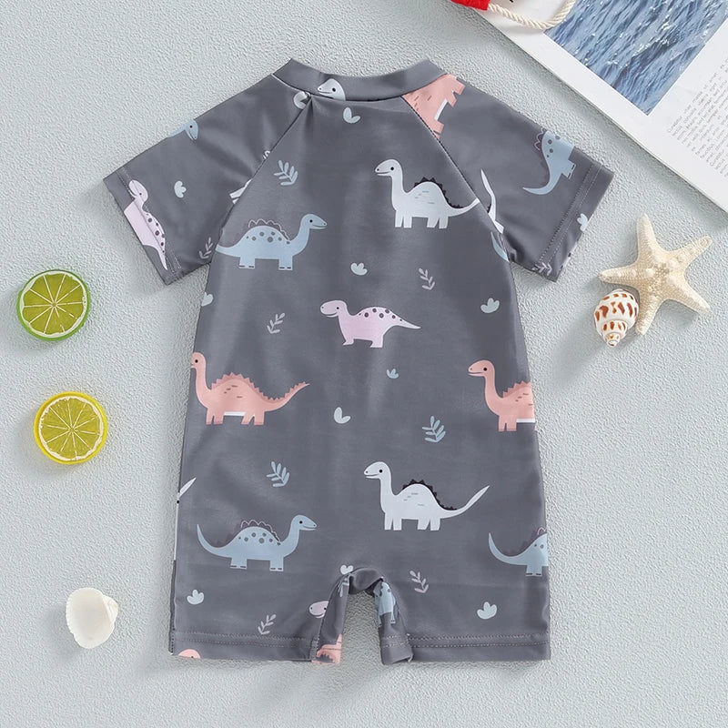 Baby Boy's Dinosaur Swimsuit Round Neck Half Zip Up Short Sleeve Rash Guard Swimwear Infant Toddler Bathing Suit 0-3T