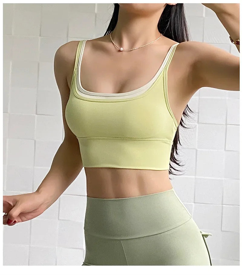 PofyBofy Womens Scoop Neck Longline Sports Bra - U Back Adjustable Straps Workout Crop Tank Top 2 in 1 Longline Workout Yoga Bra