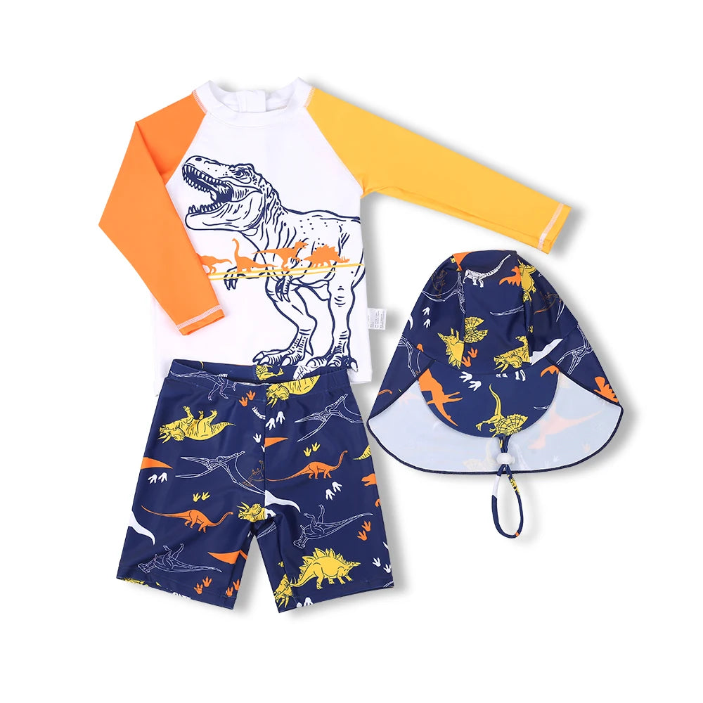 3 Pcs New Boy's Swimsuit Sun Protection UPF 50+ Long Sleeve Swimming Sunsuit With Hat Split Bathing Suits Children