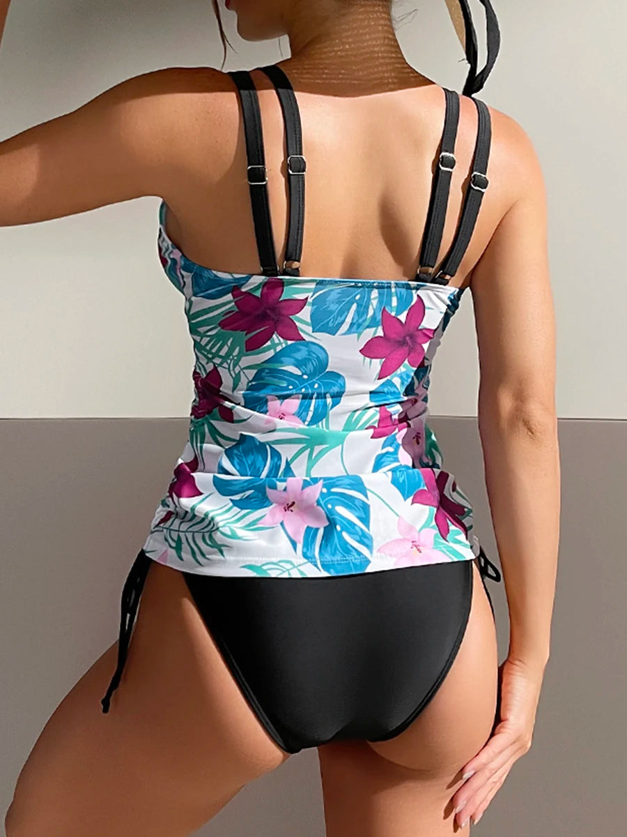 Printed Tankini Set Two Piece Swimsuit Women Tie Side Drawstring Swimwear Female Bathing Swimming Suit Beachwear Summer