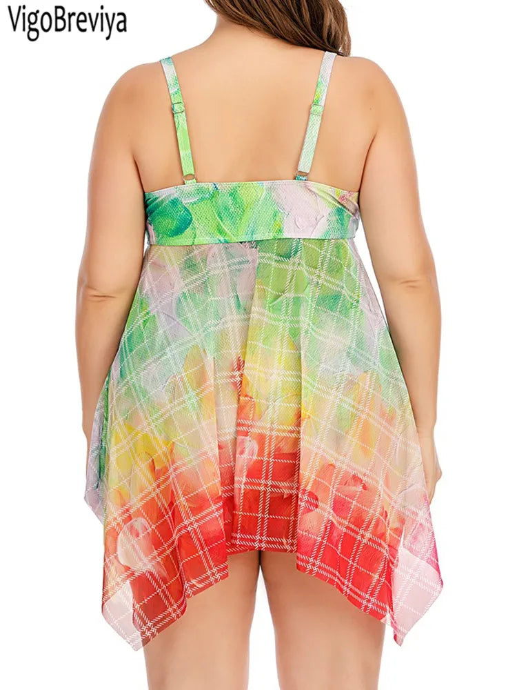 Color Print 2 Piece Plus Size Tankini Set Women Mesh Patchwork Curvy Swimsuit Beach High Waist Lady Big Bathing Suit