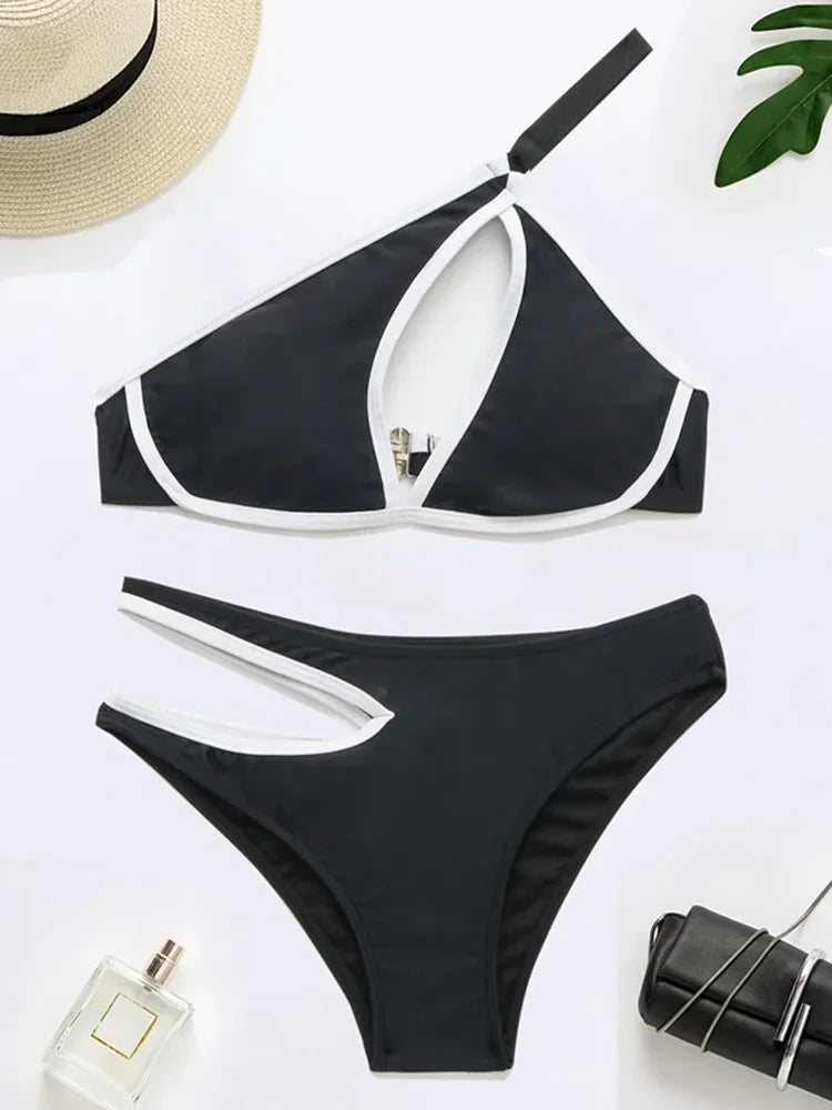 Splicing One Shoulder High Cut Out Bikini Women Swimsuit Female Swimwear Two-pieces Bikini set Asymmetric Bathing Suit Swim Lady