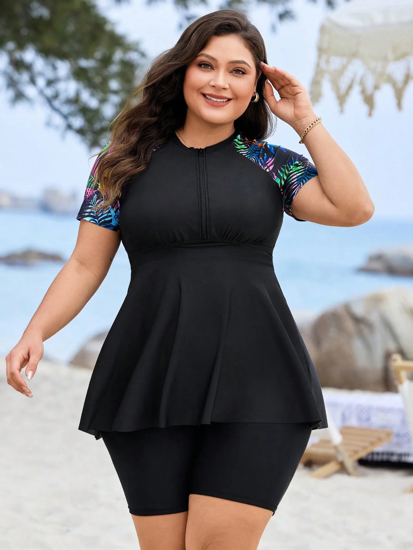 Women 2 Pieces Plus Size Swimwears Tankini Swimsuit Zip Short Sleeve Swim Top Surfing Bathing Suits High Waist Beach Outfits