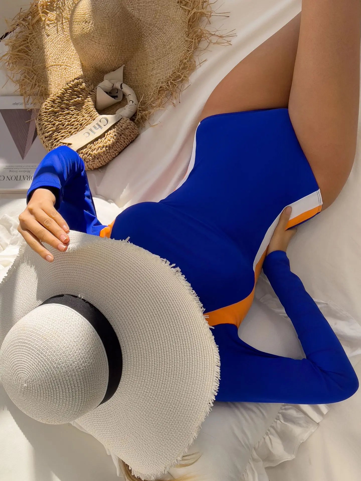 Solid Patchwork Swimwear Women Long Sleeve One Piece Swimsuit Monokini Backless Hollow Summer Bathing Suit