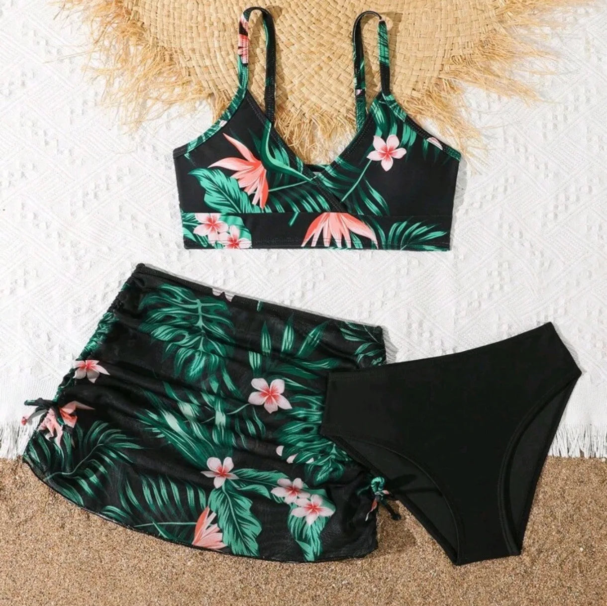 Girls 3 Piece Floral Print Bikini Sets Kids Swimsuit Beach Skirts 7-12 Years Children's Swimwear 2025 Teenages Girl Bathing Suit