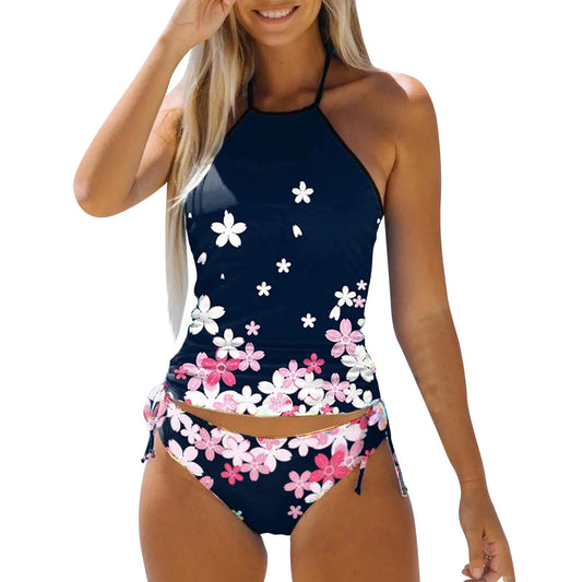 2 PC Tankinis Women Slim Fit Floral Printed Casual Swim Tops With Swim Pants Summer Drawstring Backless Conservative Swimwear