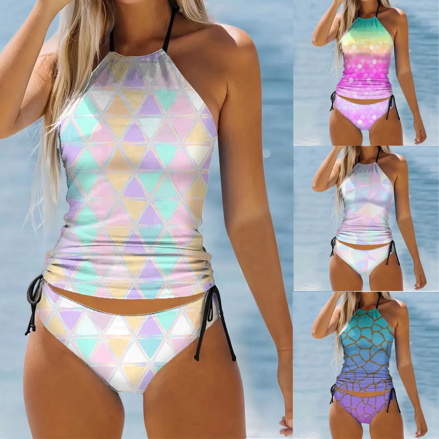 Swimsuit for Women Female Hanging Neck Suspender Two Piece Fashion Print Swimsuit Tankini Swimwear Set Swim Tops for Women