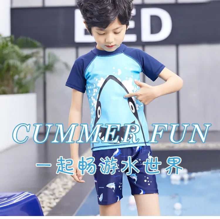 Children's Cartoon Shark Short Sleeve Split Swimwear with Swim Cap, Sun Protection Beach Wear, Baby Boys Swimsuit