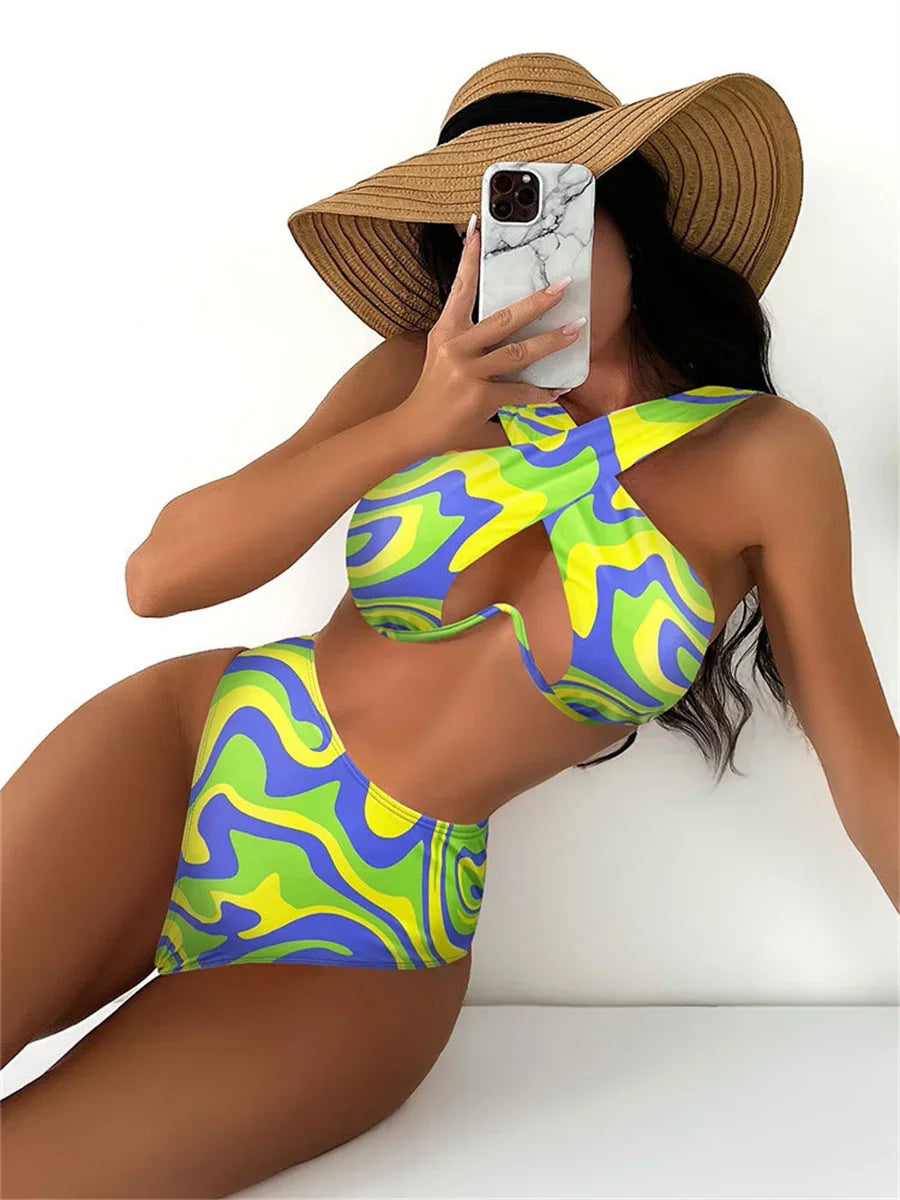 Underwire Bikini Set Women Orange Wave Designer Halter Cross High Waist Swimsuit Summer Bathing Suit 2 Piece Swimwear