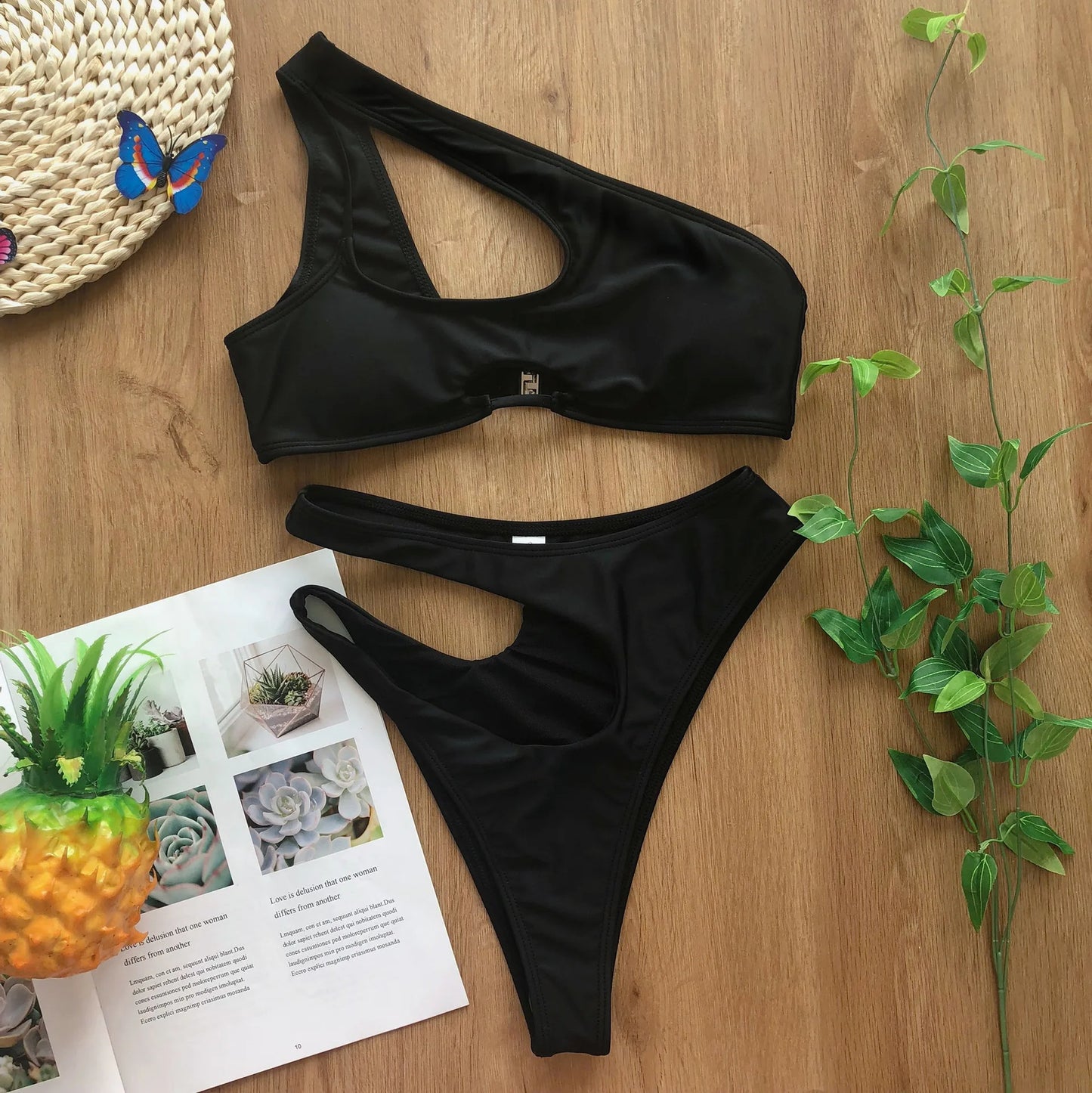Solid color swimsuit irregular diagonal shoulder bikini Swimwear Beach Bathing Suits