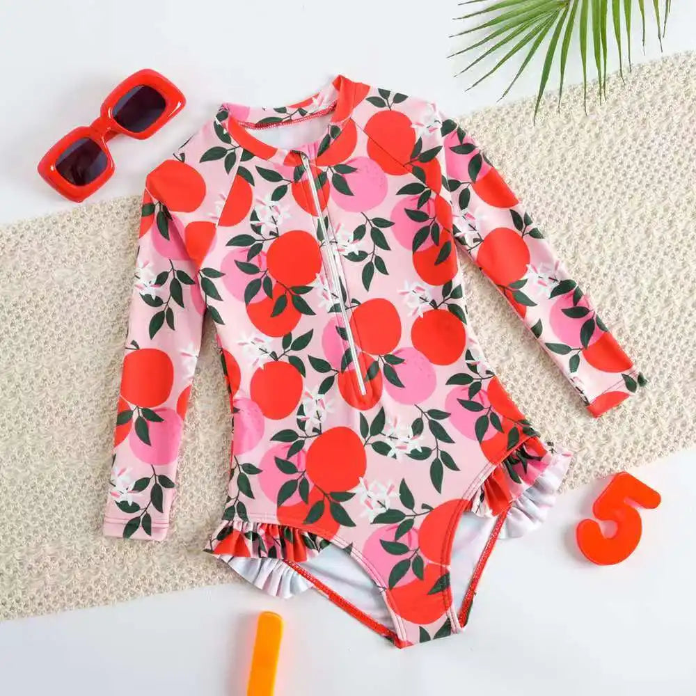 Printed Little Girls Swimsuit One Piece Long Sleeves Kids Swimwear Female Children's Bathers Bathing Swimming Swim Suit