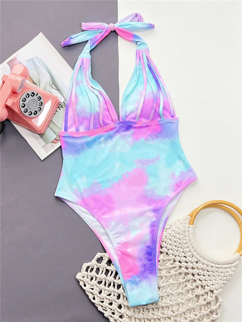 Tie Die Design Backless Swimwear Women Beach One Piece Swimsuit