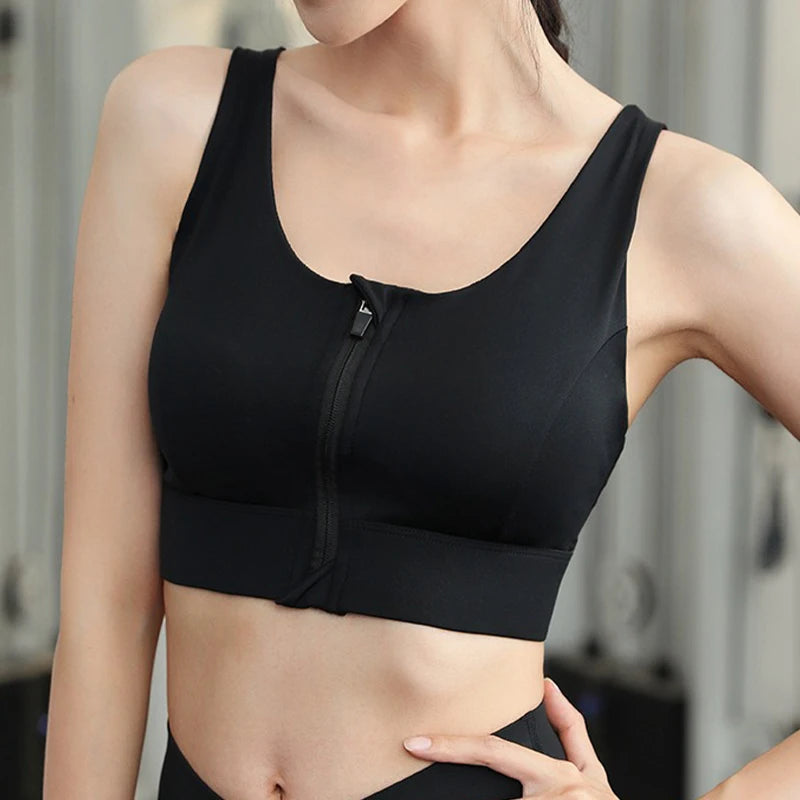 Aiithuug Front Zipper Crisscross Yoga Bra With Built In Cup Women's Strappy Wirefree Sport Gym Pilates Bra High Impact Underwear