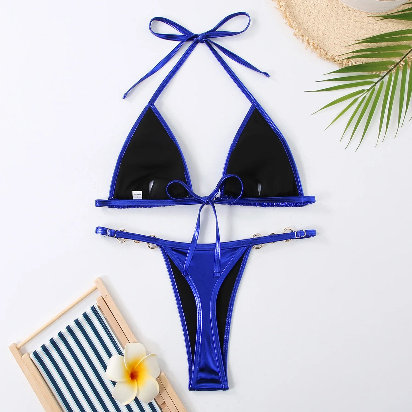 Metallic Halter Bikinis Set Lace Up Triangle Tie Side Swimsuit Pearl Patchwork Women Swimwear Micro Thong Bathing Suit