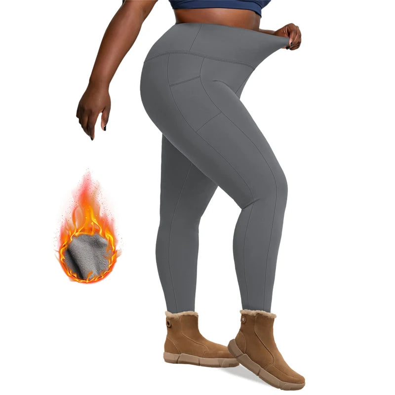 Plus Size Fleece Lined Leggings with Pockets for Women High Waist Winter Tummy Control Thermal Warm Yoga Pants