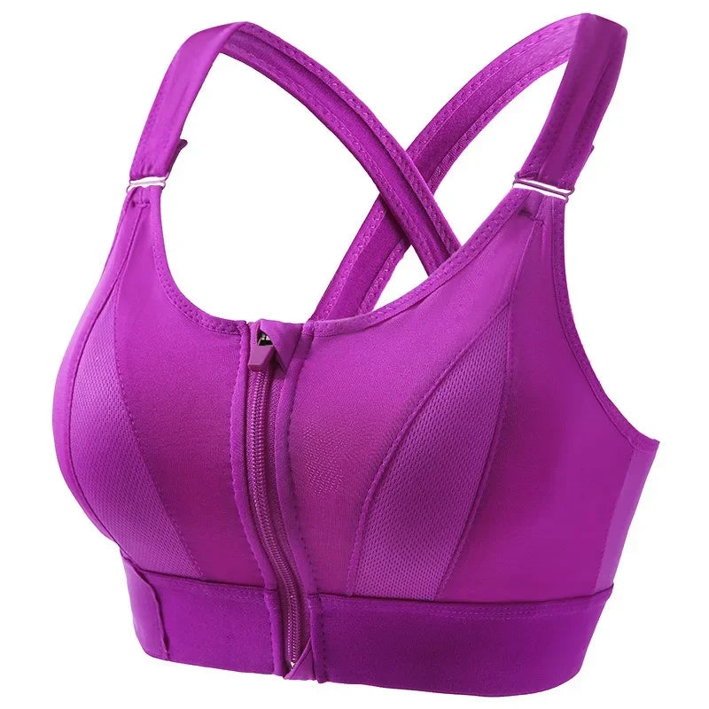 Aiithuug Zip Front Closure Strappy Criss Cross Yoga Bra Women's Padded Shockproof Gathered Seamless Wireless Sport Gym Bras