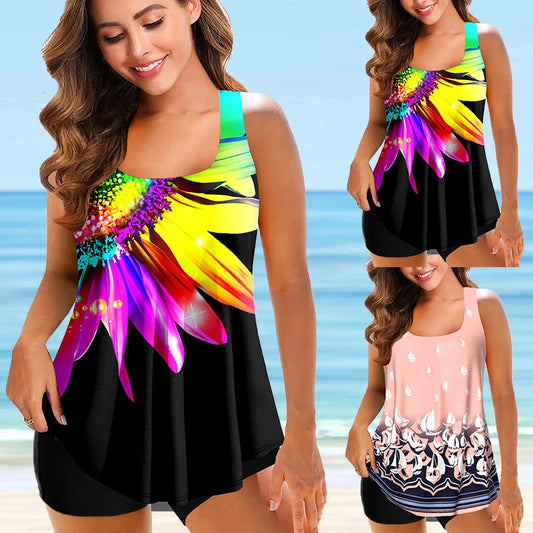 Summer Ladies Casual Popular Tankini Beach Pattern Swimsuit Vest Set Swimsuit S-5XL
