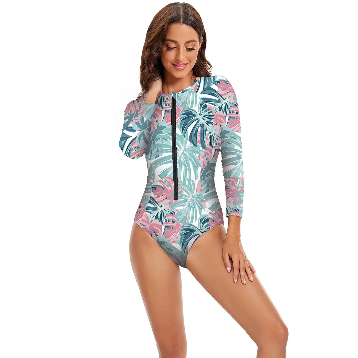 Womens Athletic One Piece Swimsuits Rashguard Long Sleeve Swimsuit Sports Surfing Swimwear Bathing Suits Printed Half Zipper XXL