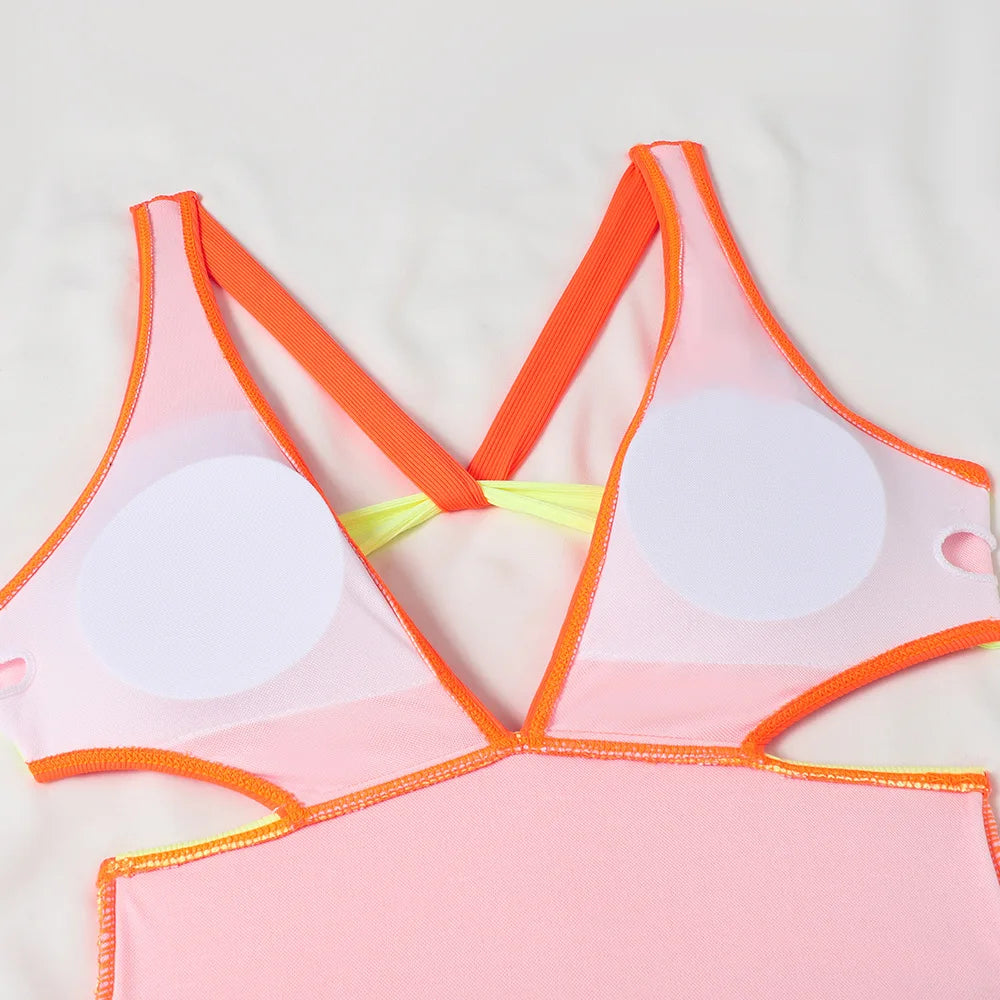 Patchwork Solid Swimwear Women Strapped One Piece Swimsuit Beach Lady Monokini Backless Hollow Bathing Suit